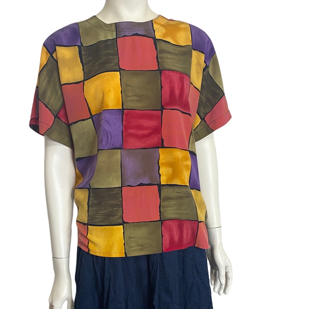 Vintage GANTOS 90's Rose Green Yellow Purple Colorblock Blouse Top M